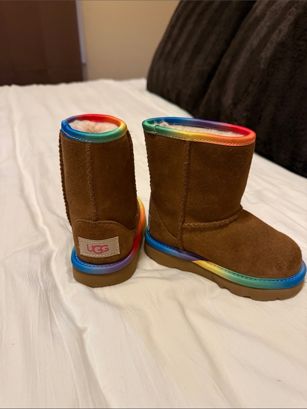 UGG Kids Brown Suede Boots with Rainbow Trim